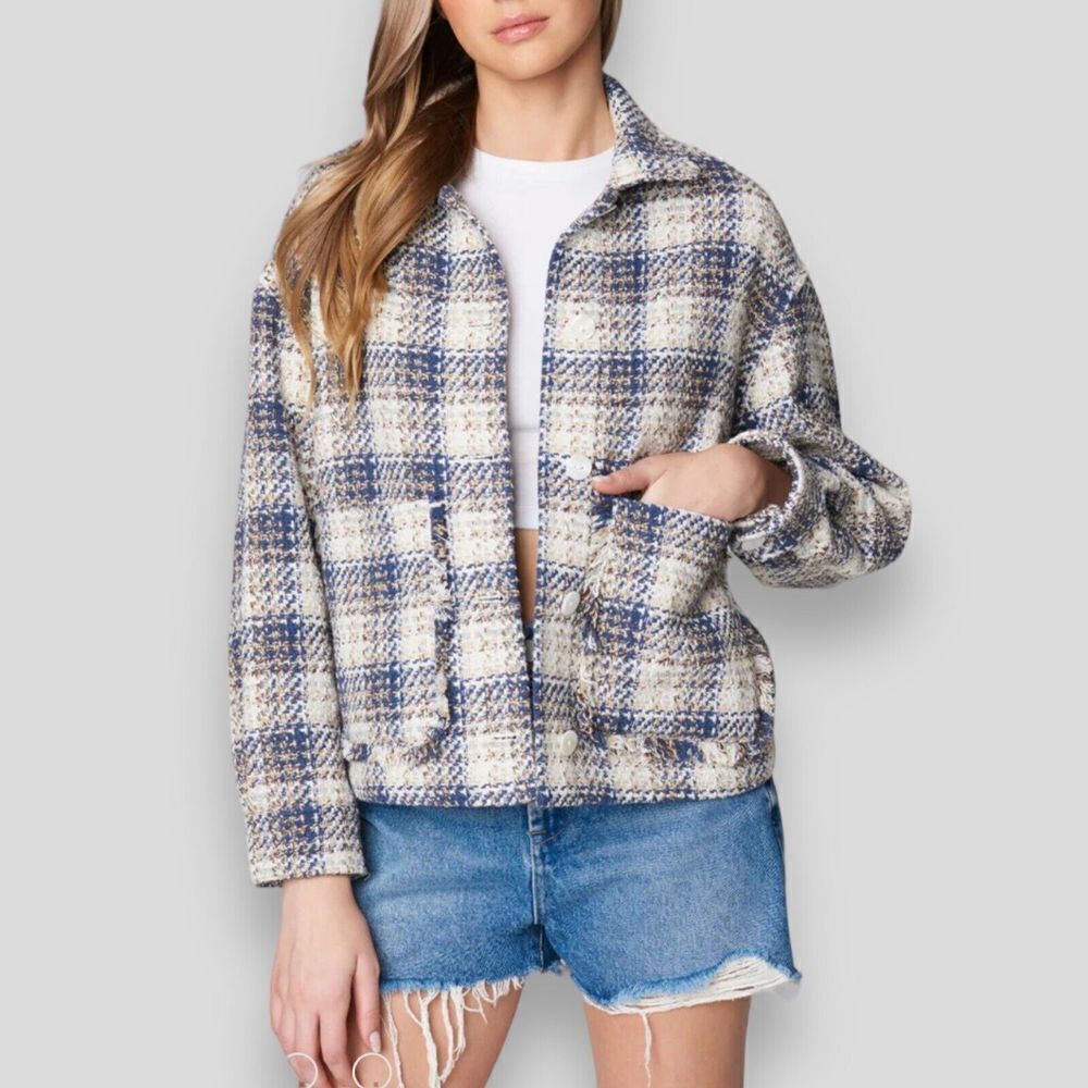 BlankNYC Shirt Women’s M Blue Plaid Tweed Cropped Once in a Lifetime Shacket